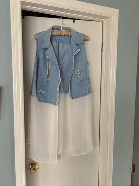 Light Wash Denim Vest with Sheer White Overlay